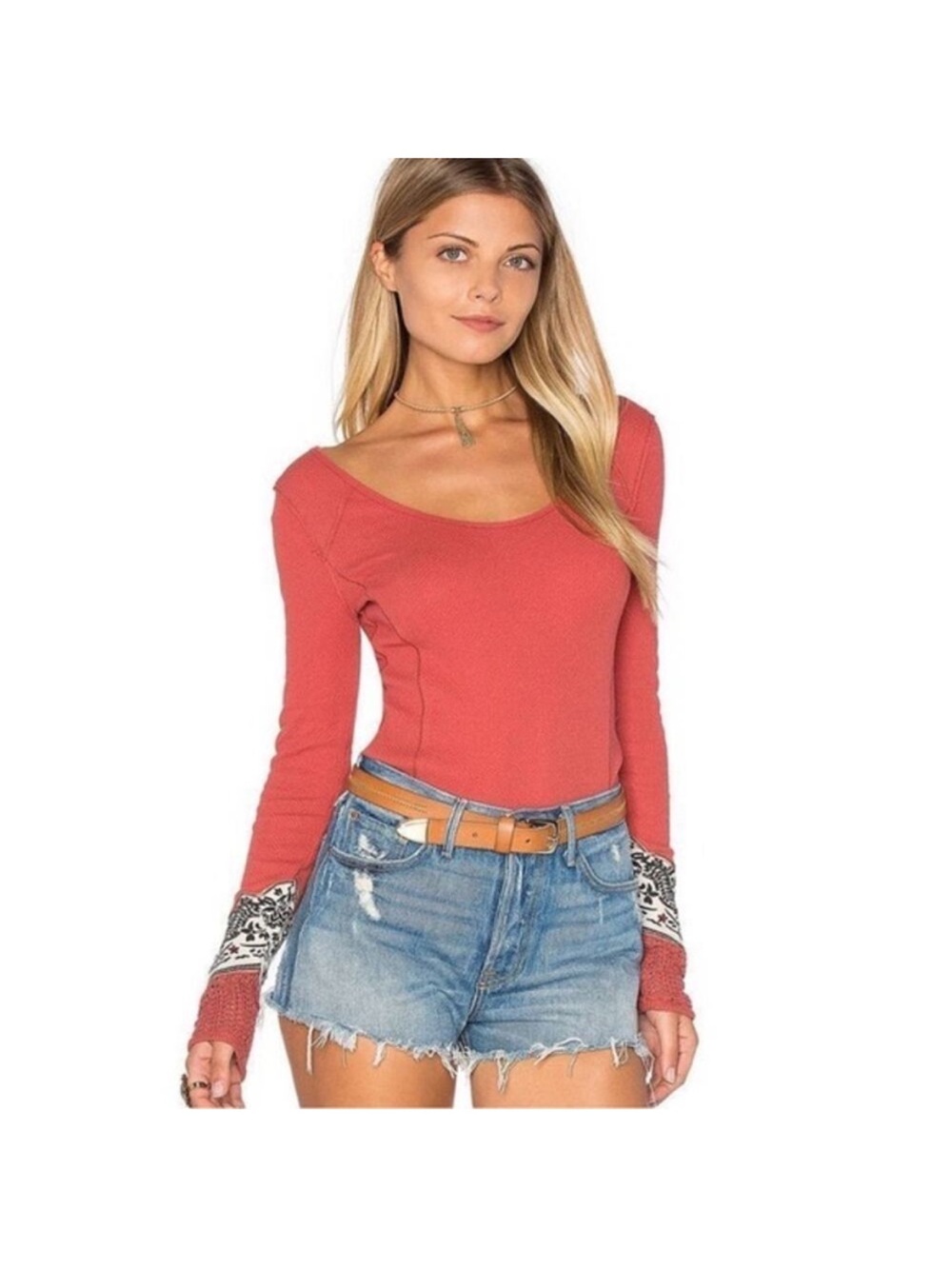 We The Free Coral Ribbed Scoop-Neck Long Sleeve Top with Patterned Cuffs